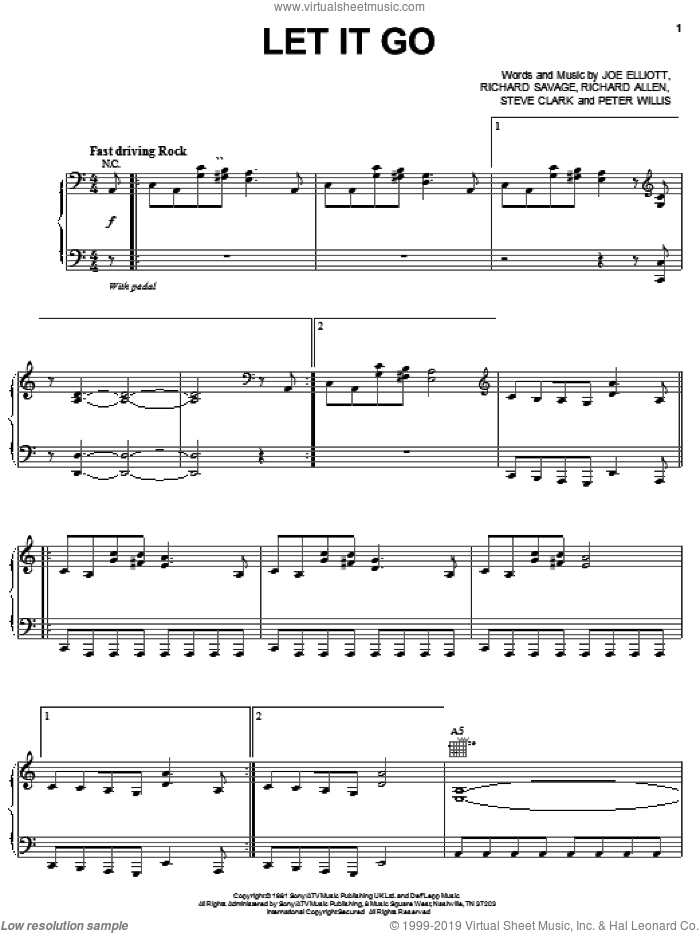Let It Go sheet music for voice, piano or guitar by Def Leppard, Joe Elliott, Peter Willis, Richard Allen, Richard Savage and Steve Clark, intermediate skill level