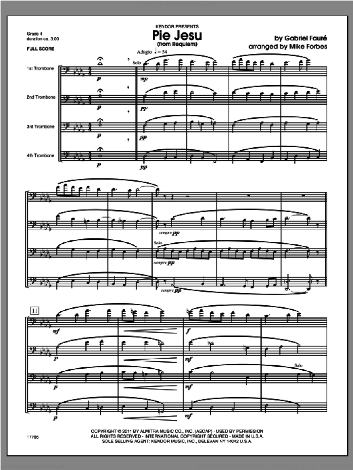 Pie Jesu (from Requiem) (COMPLETE) sheet music for four trombones by Gabriel Faure and Michael Forbes, classical score, intermediate skill level