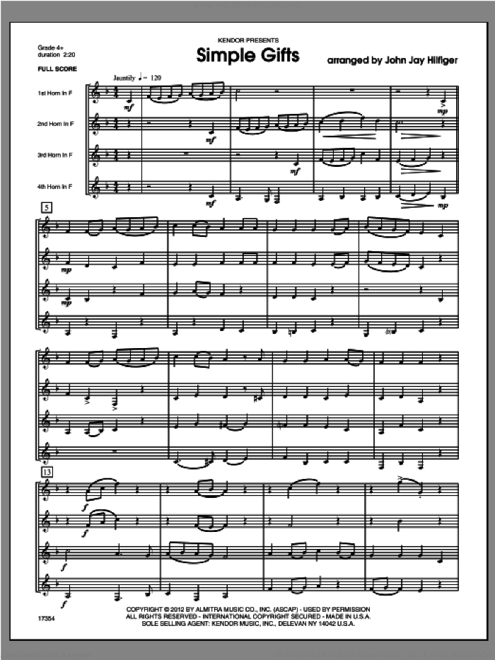 Simple Gifts (COMPLETE) sheet music for horn quartet by Hilfiger, classical score, intermediate skill level