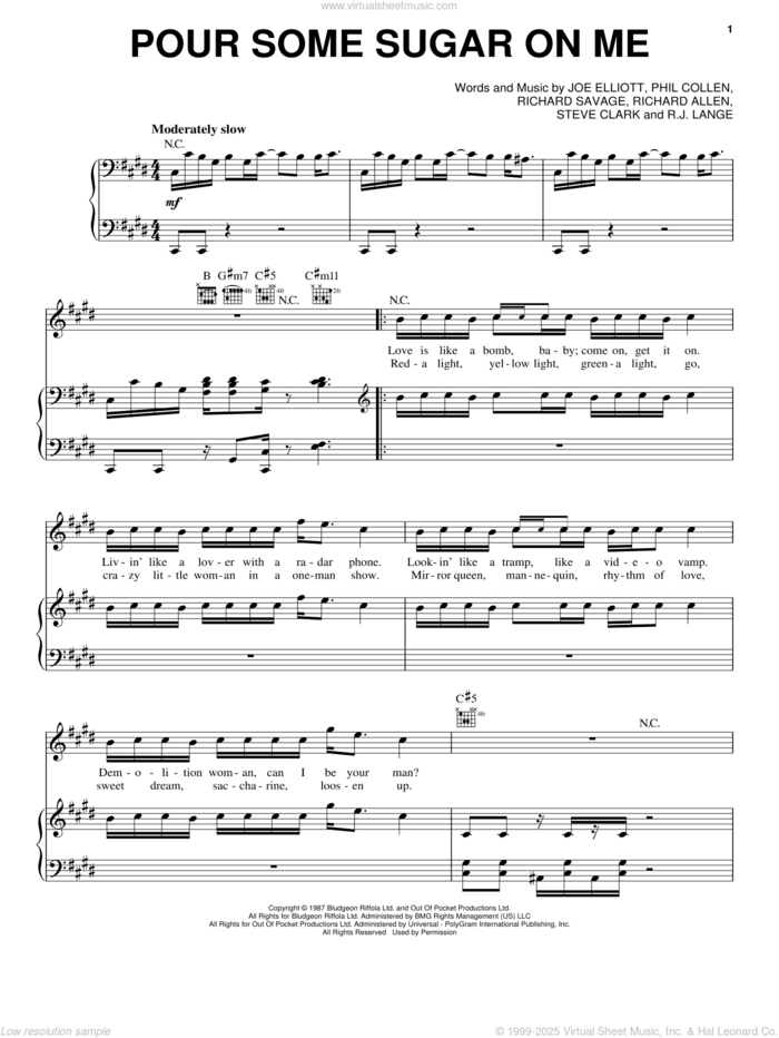 Pour Some Sugar On Me sheet music for voice, piano or guitar by Def Leppard, Joe Elliott, Phil Collen, Richard Allen, Richard Savage, Robert John Lange and Steve Clark, intermediate skill level