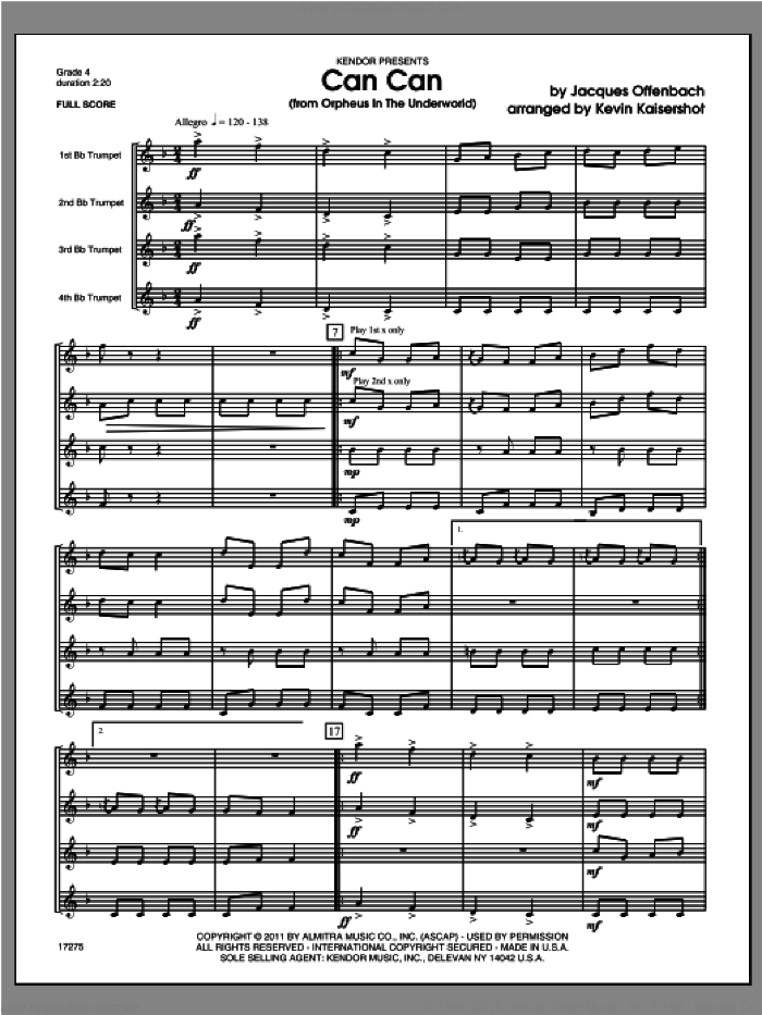 Can Can (from Orpheus In The Underworld) (COMPLETE) sheet music for four trumpets by Jacques Offenbach and Kevin Kaisershot, classical score, intermediate skill level