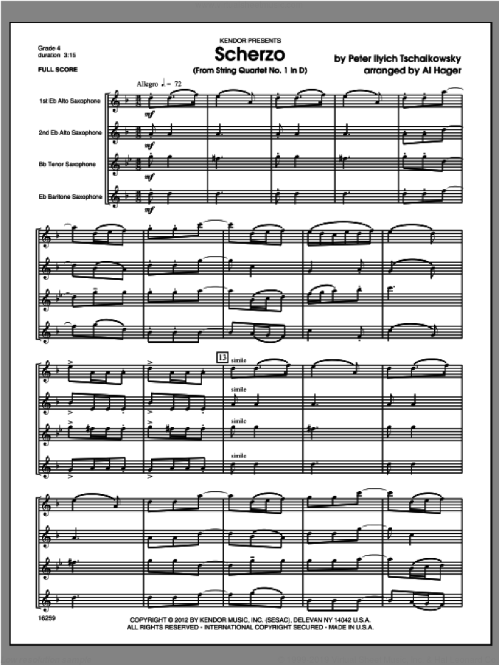 Scherzo (from String QuartetNo. 1 In D) (COMPLETE) sheet music for saxophone quartet by Pyotr Ilyich Tchaikovsky, Al Hager and Tschaikowsky, classical score, intermediate skill level
