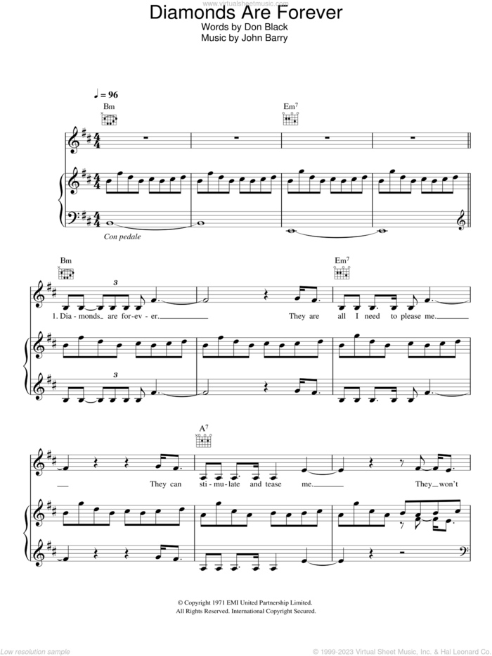 Diamonds Are Forever sheet music for voice, piano or guitar by Shirley Bassey, Don Black and John Barry, intermediate skill level