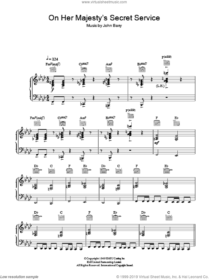 On Her Majesty's Secret Service - Theme sheet music for piano solo by John Barry, intermediate skill level