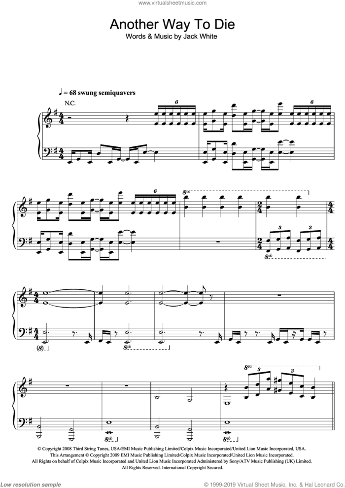 Another Way To Die (from James Bond: Quantum Of Solace) sheet music for voice, piano or guitar by Jack White & Alicia Keys, Alicia Keys and Jack White & Alicia Keys and Jack White, intermediate skill level