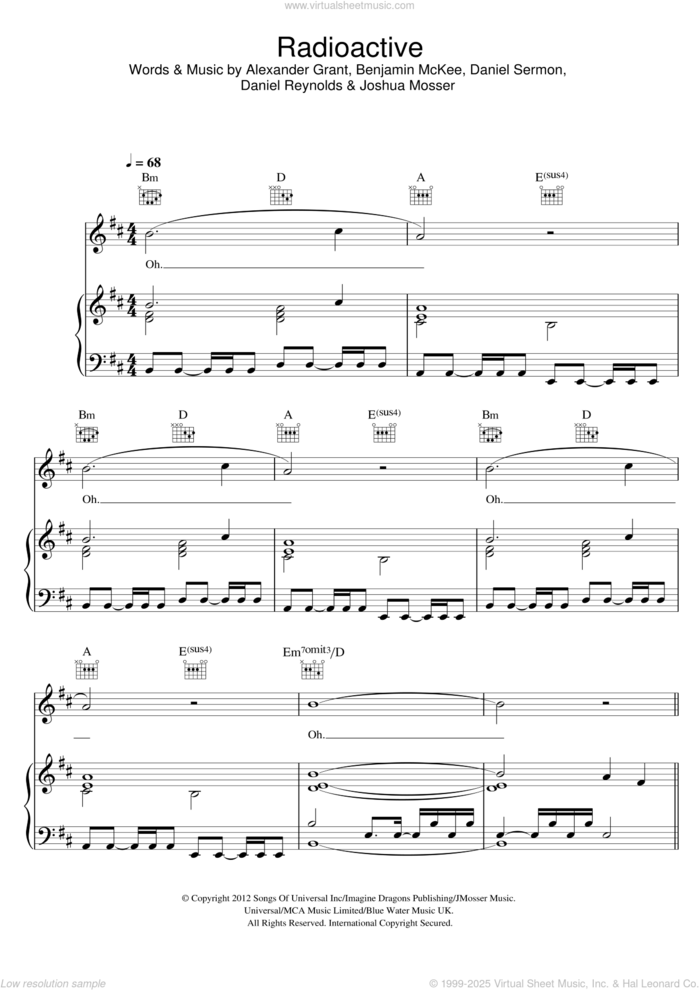 Radioactive sheet music for voice, piano or guitar by Imagine Dragons, Alexander Grant, Benjamin McKee, Daniel Reynolds, Daniel Sermon and Joshua Mosser, intermediate skill level