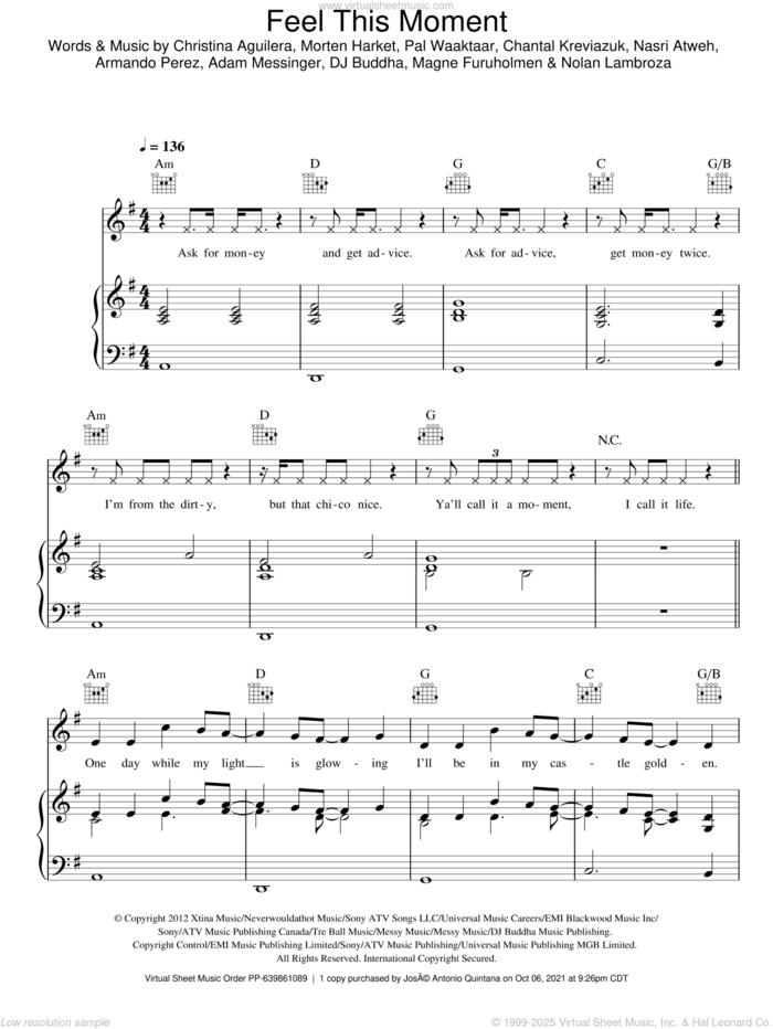 Feel This Moment sheet music for voice, piano or guitar by Pitbull featuring Christina Aguilera, Adam Messinger, Armando Perez, Chantal Kreviazuk, Christina Aguilera, DJ Buddha, Magne Furuholmen, Morten Harket, Nasri Atweh, Nolan Lambroza and Pal Waaktaar, intermediate skill level