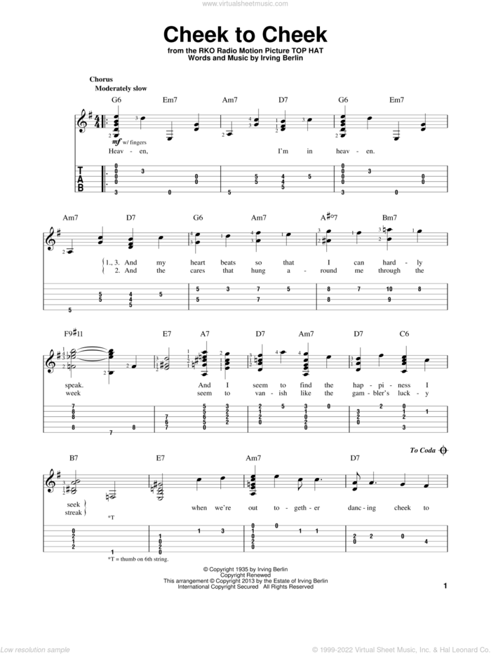 Cheek To Cheek sheet music for guitar solo by Irving Berlin, intermediate skill level