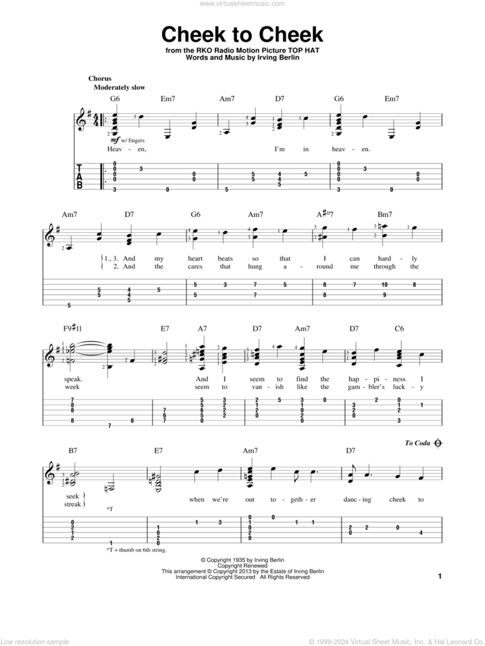 Cheek To Cheek sheet music for guitar solo by Irving Berlin, intermediate skill level