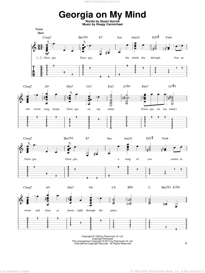 Georgia On My Mind, (intermediate) sheet music for guitar solo by Ray Charles and Willie Nelson, intermediate skill level