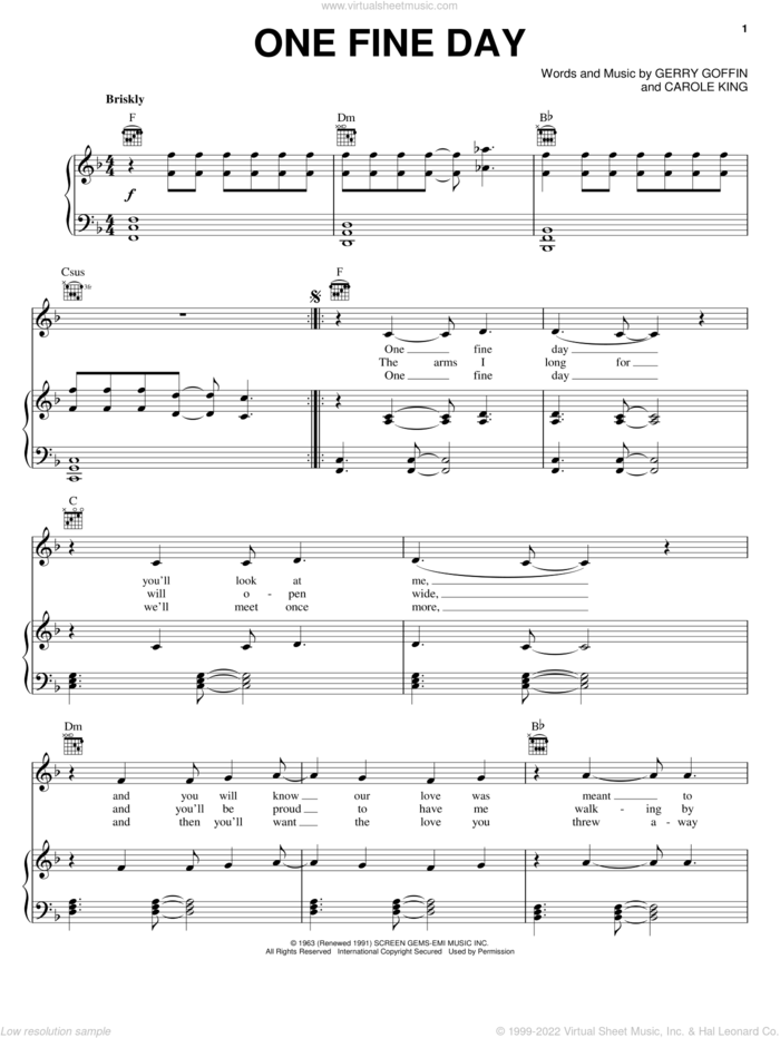 One Fine Day sheet music for voice, piano or guitar by Carole King, Rita Coolidge, The Chiffons and Gerry Goffin, intermediate skill level