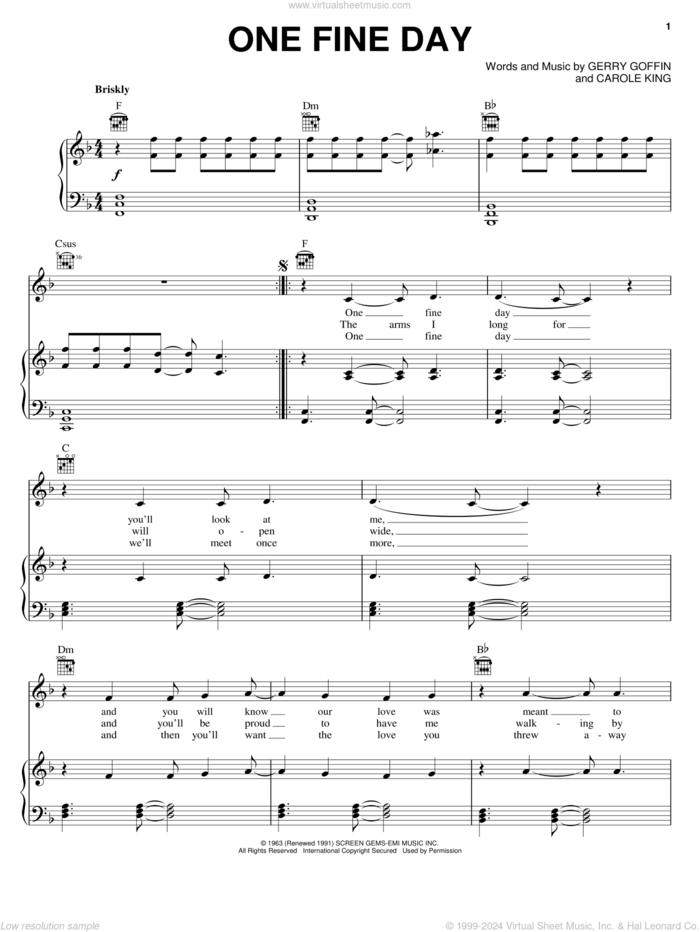 One Fine Day sheet music for voice, piano or guitar by Carole King, Rita Coolidge, The Chiffons and Gerry Goffin, intermediate skill level