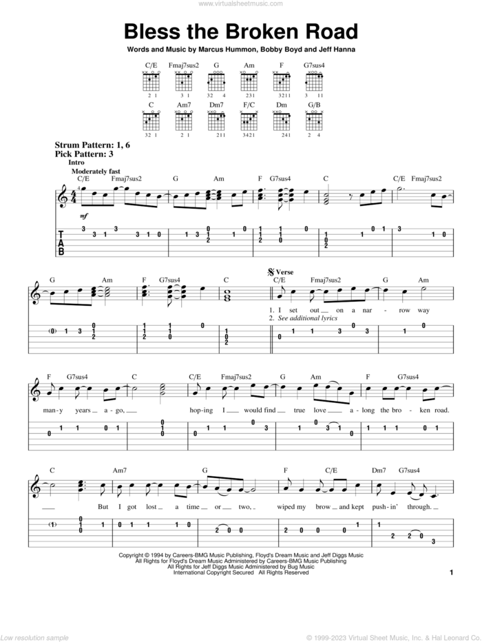 Bless The Broken Road sheet music for guitar solo (easy tablature) by Rascal Flatts, Bobby Boyd, Jeffrey Hanna and Marcus Hummon, wedding score, easy guitar (easy tablature)