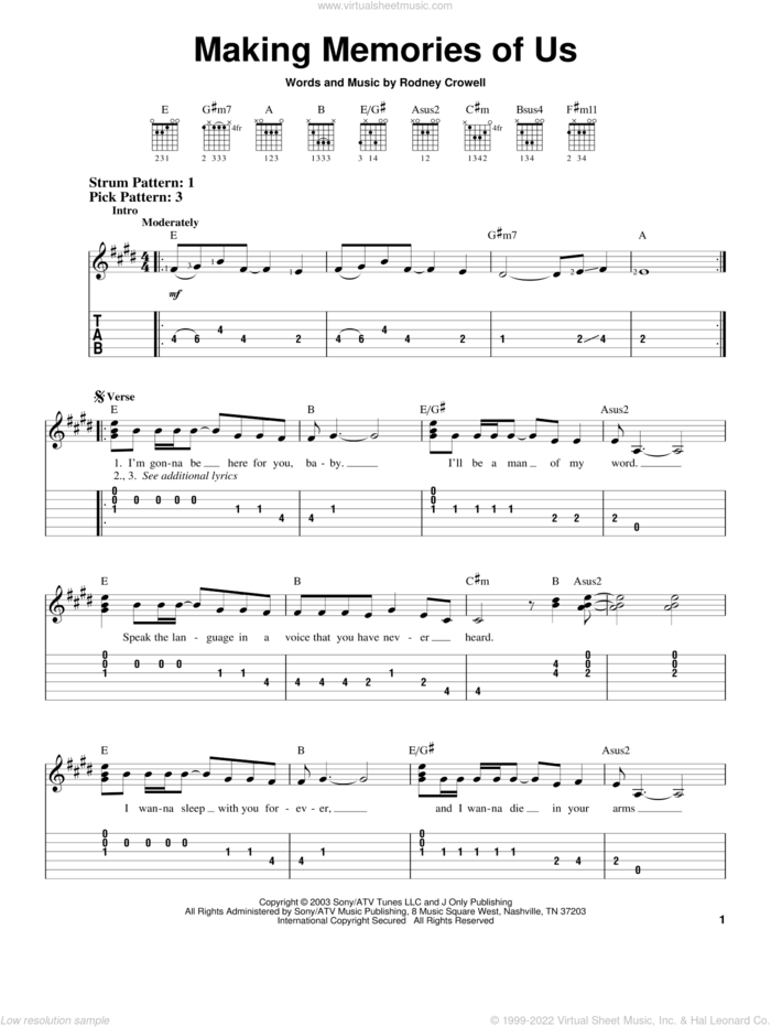 Making Memories Of Us sheet music for guitar solo (easy tablature) by Keith Urban and Rodney Crowell, easy guitar (easy tablature)
