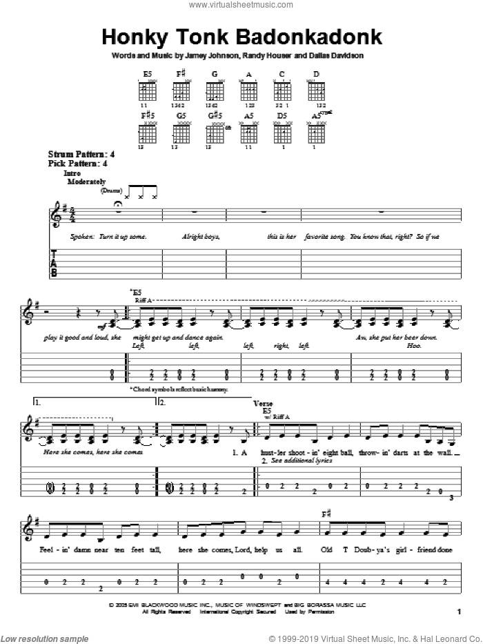 Honky Tonk Badonkadonk sheet music for guitar solo (easy tablature) by Trace Adkins, Dallas Davidson, Jamey Johnson and Randy Houser, easy guitar (easy tablature)