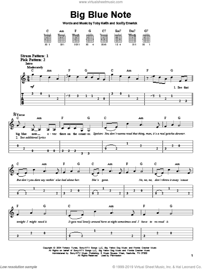Big Blue Note sheet music for guitar solo (easy tablature) by Toby Keith and Scotty Emerick, easy guitar (easy tablature)