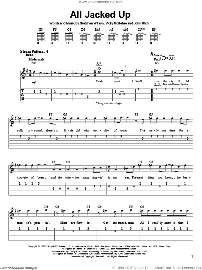 All Jacked Up sheet music for guitar solo (easy tablature) by Gretchen Wilson, John Rich and Vicky McGehee, easy guitar (easy tablature)