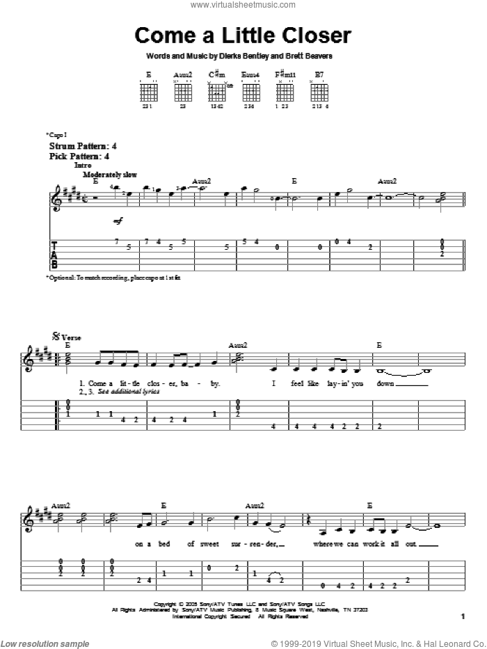 Come A Little Closer sheet music for guitar solo (easy tablature) by Dierks Bentley and Brett Beavers, easy guitar (easy tablature)