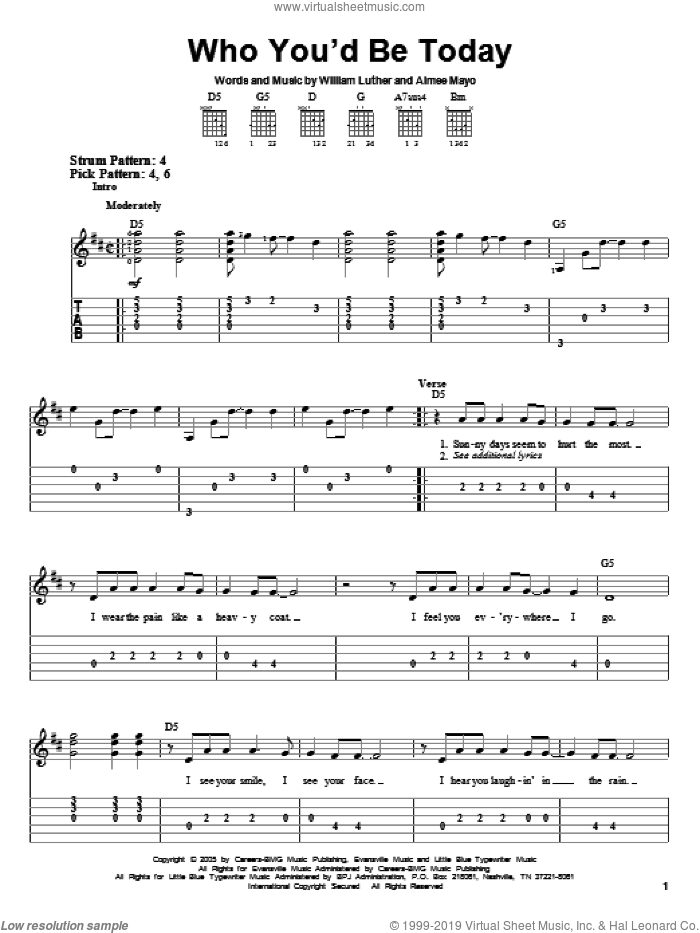 Who You'd Be Today sheet music for guitar solo (easy tablature) by Kenny Chesney, Aimee Mayo and Bill Luther, easy guitar (easy tablature)