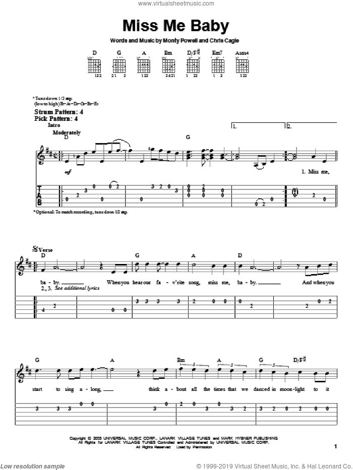 Miss Me Baby sheet music for guitar solo (easy tablature) by Chris Cagle and Monty Powell, easy guitar (easy tablature)