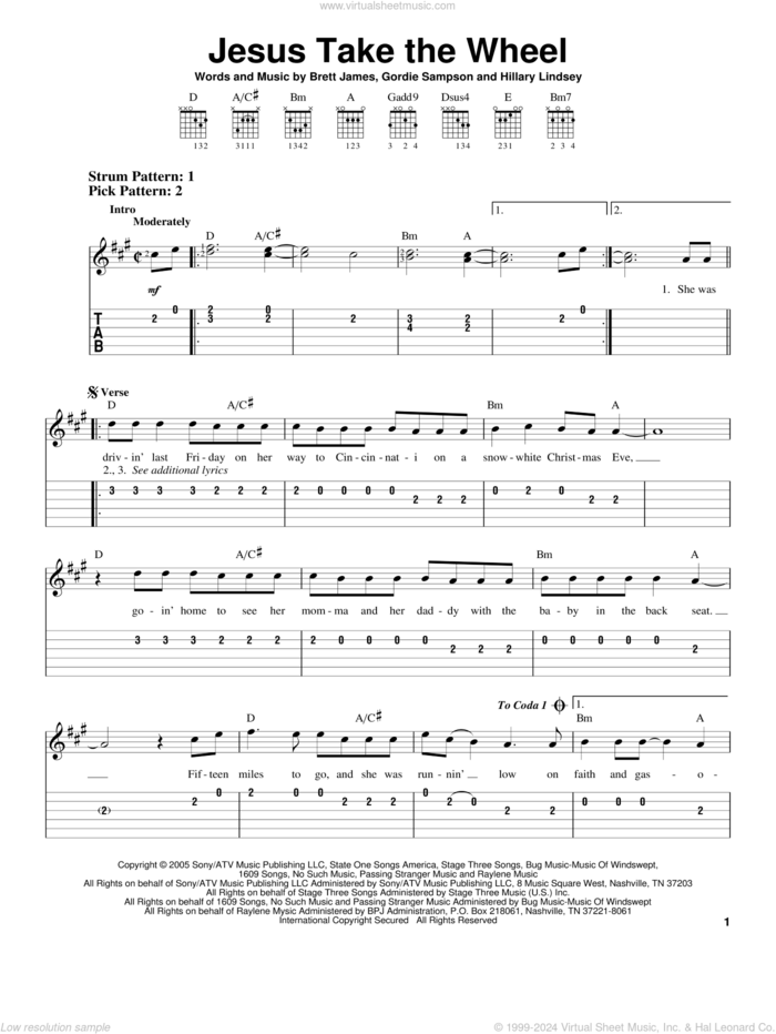 Jesus Take The Wheel sheet music for guitar solo (easy tablature) by Carrie Underwood, American Idol, Brett James, Gordie Sampson and Hillary Lindsey, easy guitar (easy tablature)