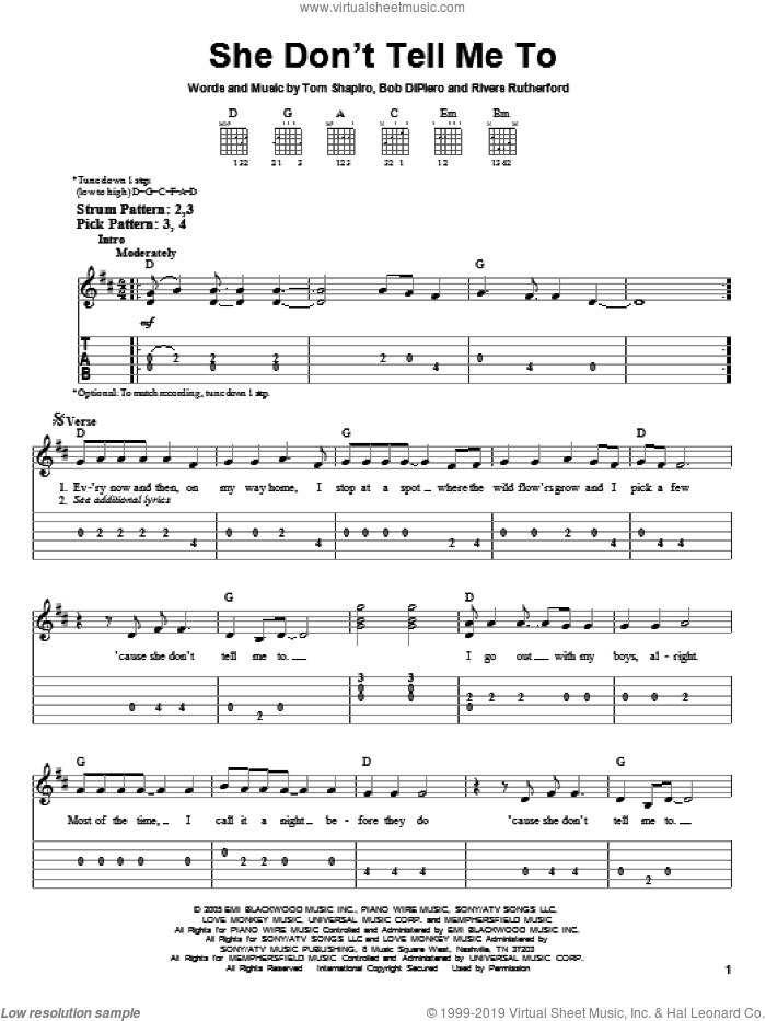 She Don't Tell Me To sheet music for guitar solo (easy tablature) by Montgomery Gentry, Bob DiPiero, Rivers Rutherford and Tom Shapiro, easy guitar (easy tablature)