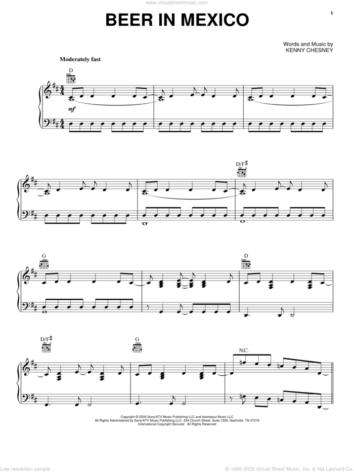 Beer In Mexico sheet music for voice, piano or guitar by Kenny Chesney, intermediate skill level