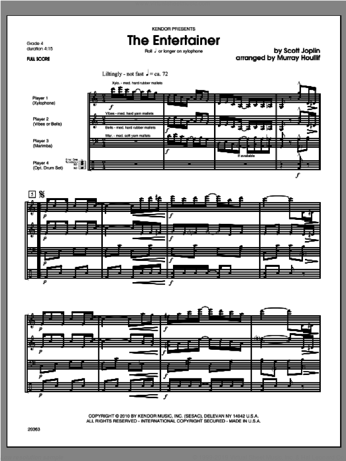 Entertainer, The (COMPLETE) sheet music for percussions by Scott Joplin and Houllif, classical score, intermediate skill level