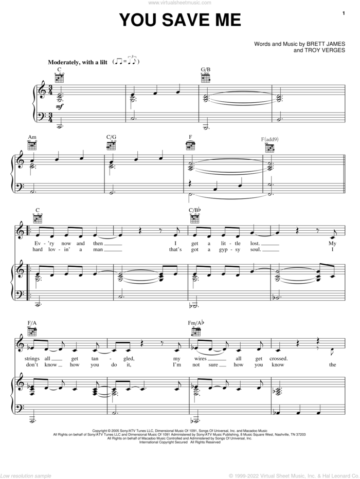 You Save Me sheet music for voice, piano or guitar by Kenny Chesney, Brett James and Troy Verges, intermediate skill level