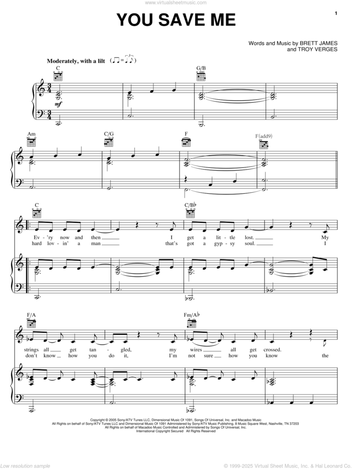 You Save Me sheet music for voice, piano or guitar by Kenny Chesney, Brett James and Troy Verges, intermediate skill level