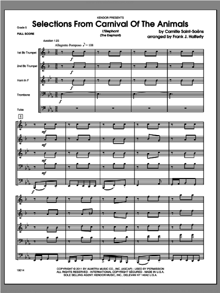 Selections From Carnival Of The Animals (COMPLETE) sheet music for brass quintet by Camille Saint-Saens and Frank J. Halferty, classical score, intermediate skill level