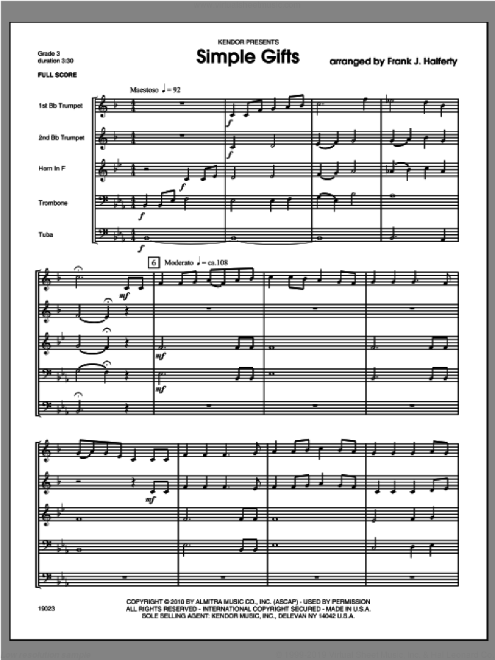 Simple Gifts (COMPLETE) sheet music for brass quintet by Frank J. Halferty, classical score, intermediate skill level