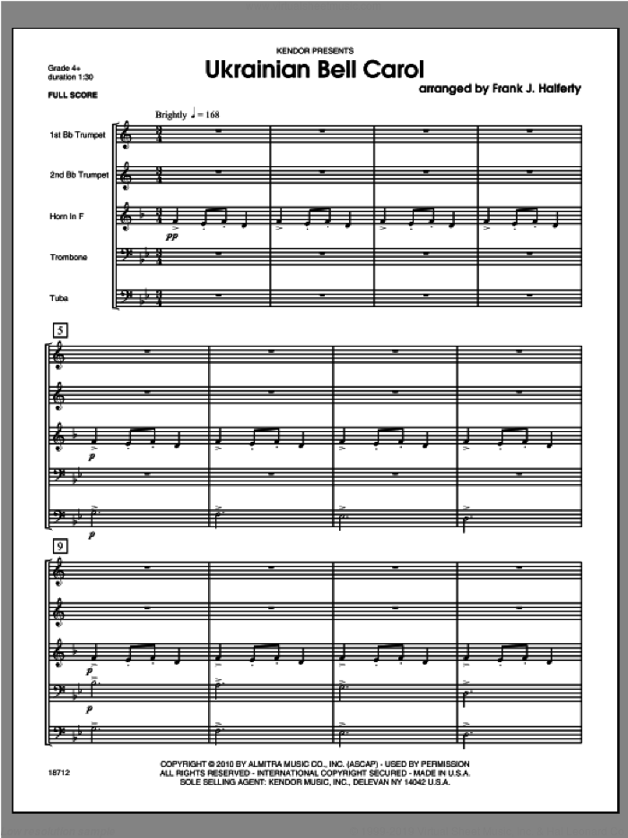 Ukrainian Bell Carol (COMPLETE) sheet music for brass quintet by Frank J. Halferty, classical score, intermediate skill level