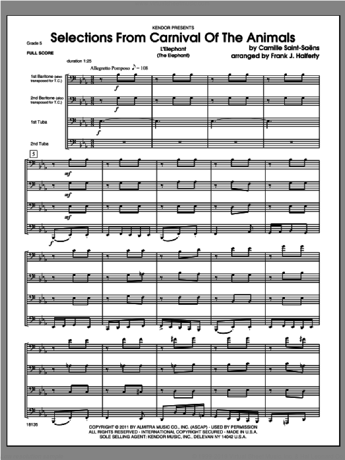 Selections From Carnival Of The Animals (COMPLETE) sheet music for baritone and tuba quartet by Camille Saint-Saens and Frank J. Halferty, classical score, intermediate skill level
