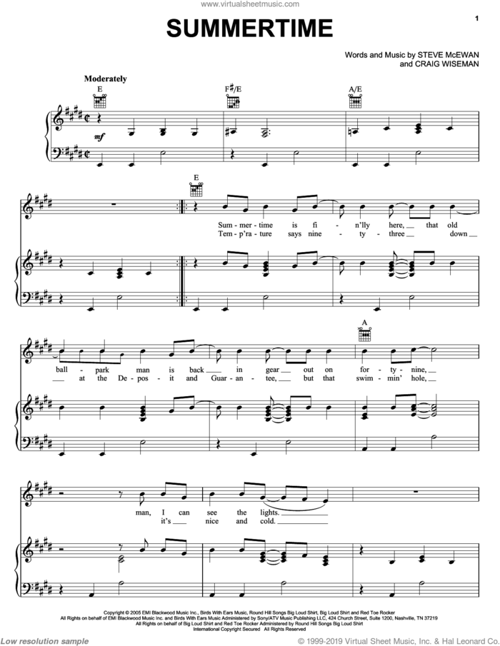 Summertime sheet music for voice, piano or guitar by Kenny Chesney, Craig Wiseman and Steve McEwan, intermediate skill level