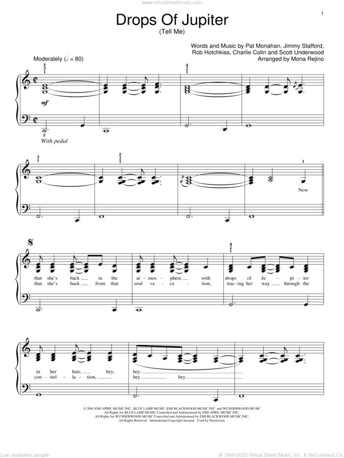 Drops Of Jupiter (Tell Me) sheet music for piano solo (elementary) by Train, Mona Rejino, Miscellaneous, Charlie Colin, Jimmy Stafford, Pat Monahan, Rob Hotchkiss and Scott Underwood, beginner piano (elementary)