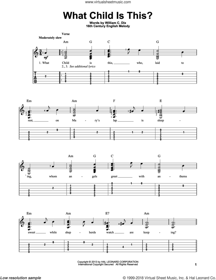 What Child Is This?, (intermediate) sheet music for guitar solo by William Chatterton Dix, intermediate skill level