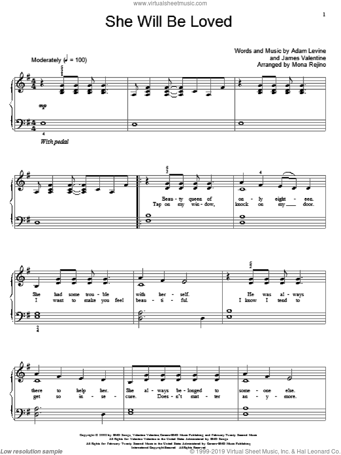 She Will Be Loved sheet music for piano solo (elementary) by Maroon 5, Miscellaneous, Adam Levine and James Valentine, beginner piano (elementary)