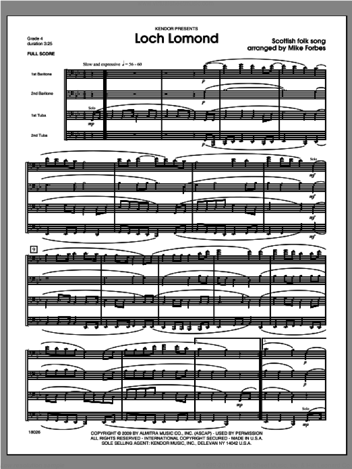 Loch Lomond (COMPLETE) sheet music for brass quartet by Michael Forbes, classical score, intermediate skill level