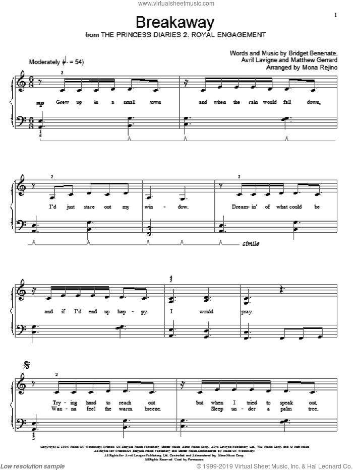 Breakaway sheet music for piano solo (elementary) by Kelly Clarkson, Miscellaneous, Avril Lavigne, Bridget Benenate and Matthew Gerrard, beginner piano (elementary)