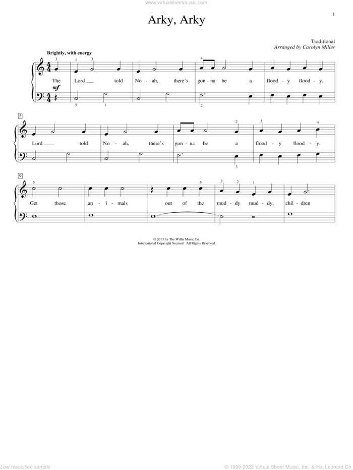 Arky, Arky sheet music for piano solo (elementary) by Carolyn Miller, beginner piano (elementary)