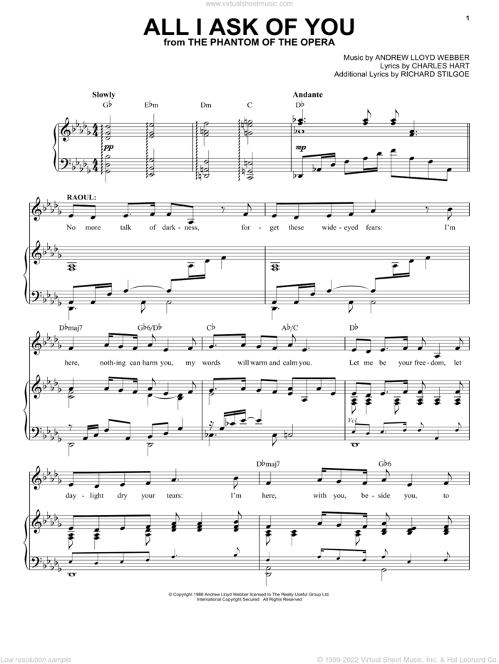 All I Ask Of You (from The Phantom Of The Opera) sheet music for voice and piano by Andrew Lloyd Webber and Phantom Of The Opera (Musical), wedding score, intermediate skill level