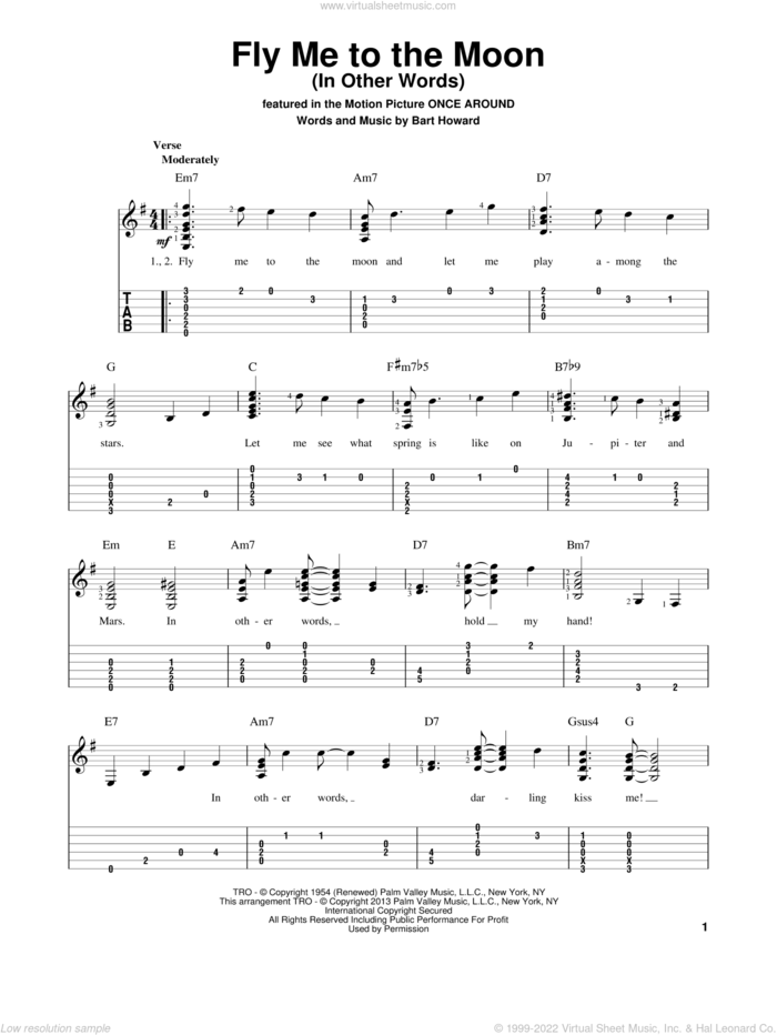 Fly Me To The Moon (In Other Words) sheet music for guitar solo by Tony Bennett and Bart Howard, wedding score, intermediate skill level