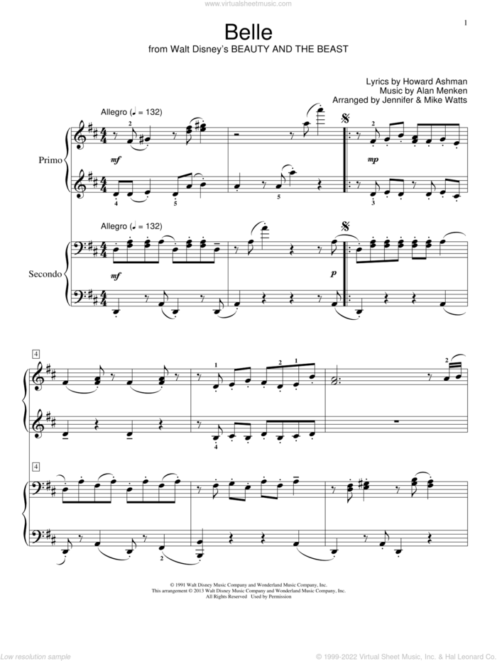 Belle (from Beauty And The Beast) sheet music for piano four hands by Alan Menken & Howard Ashman, Alan Menken and Howard Ashman, intermediate skill level