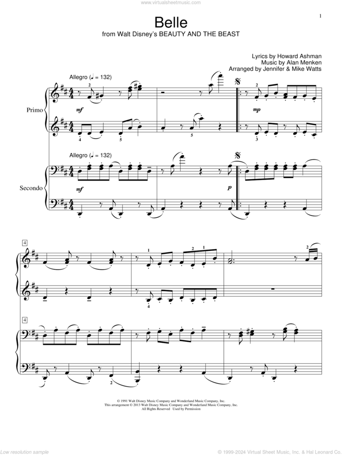 Belle (from Beauty And The Beast) sheet music for piano four hands by Alan Menken & Howard Ashman, Alan Menken and Howard Ashman, intermediate skill level