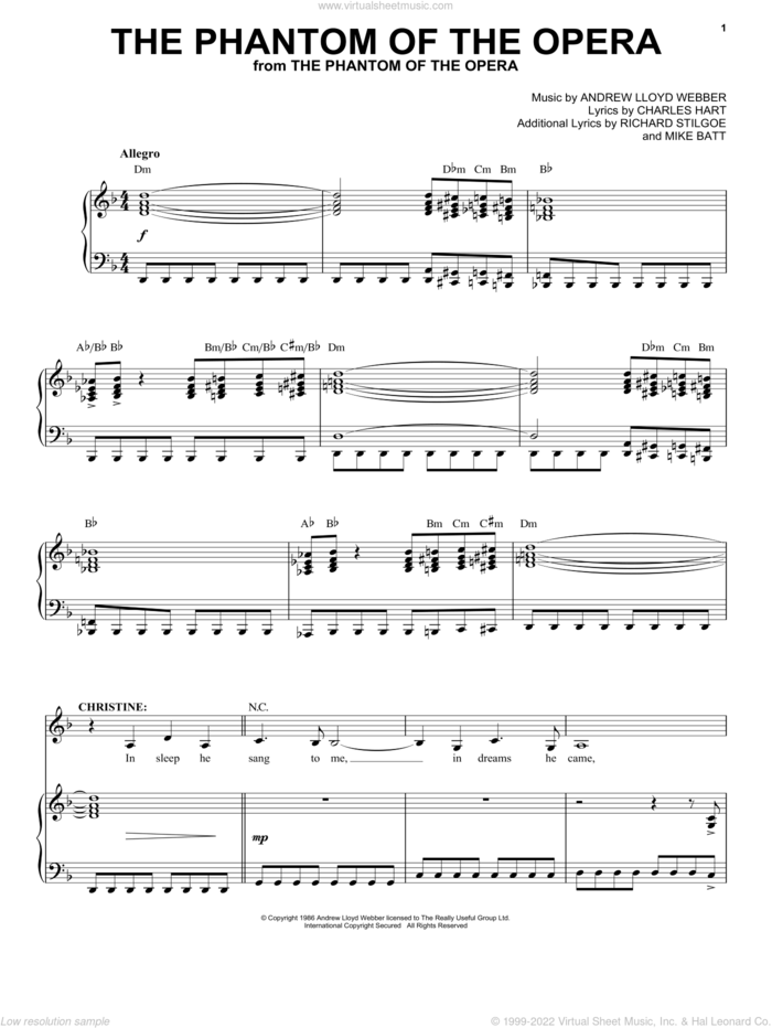 The Phantom Of The Opera sheet music for voice and piano by Andrew Lloyd Webber and Phantom Of The Opera (Musical), intermediate skill level