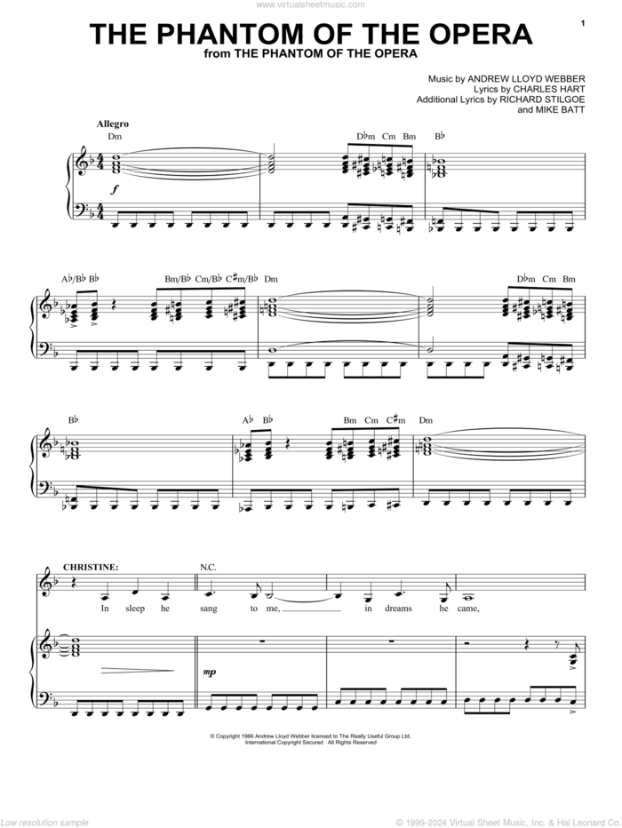 The Phantom Of The Opera sheet music for voice and piano by Andrew Lloyd Webber and Phantom Of The Opera (Musical), intermediate skill level