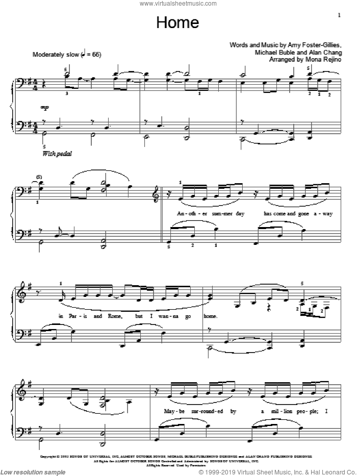 Home sheet music for piano solo (elementary) by Michael Buble, Miscellaneous, Alan Chang and Amy Foster-Gillies, beginner piano (elementary)