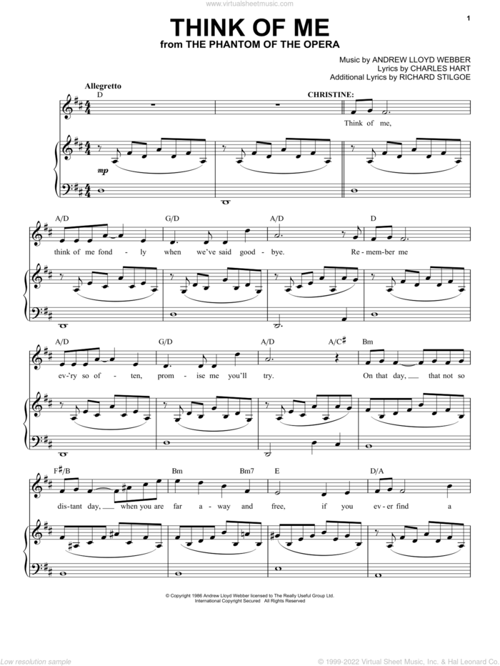 Think Of Me (from The Phantom Of The Opera) sheet music for voice and piano by Andrew Lloyd Webber and Phantom Of The Opera (Musical), intermediate skill level