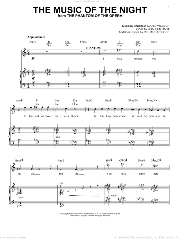 The Music Of The Night sheet music for voice and piano by Andrew Lloyd Webber and Phantom Of The Opera (Musical), intermediate skill level